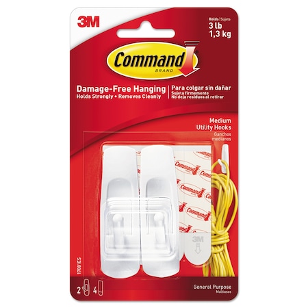 Command General Purpose Hooks, Medium, 3 lb Cap, White, 2 Hooks, 4 Strips/Pack 17001ES